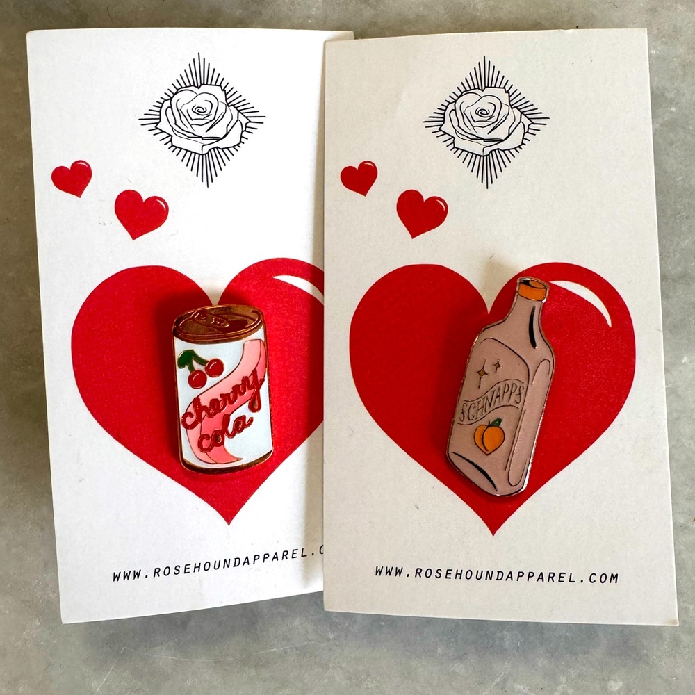 Set of 2 Rosehound Apparel enamel pins - cherry cola and peach schnapps - NWT